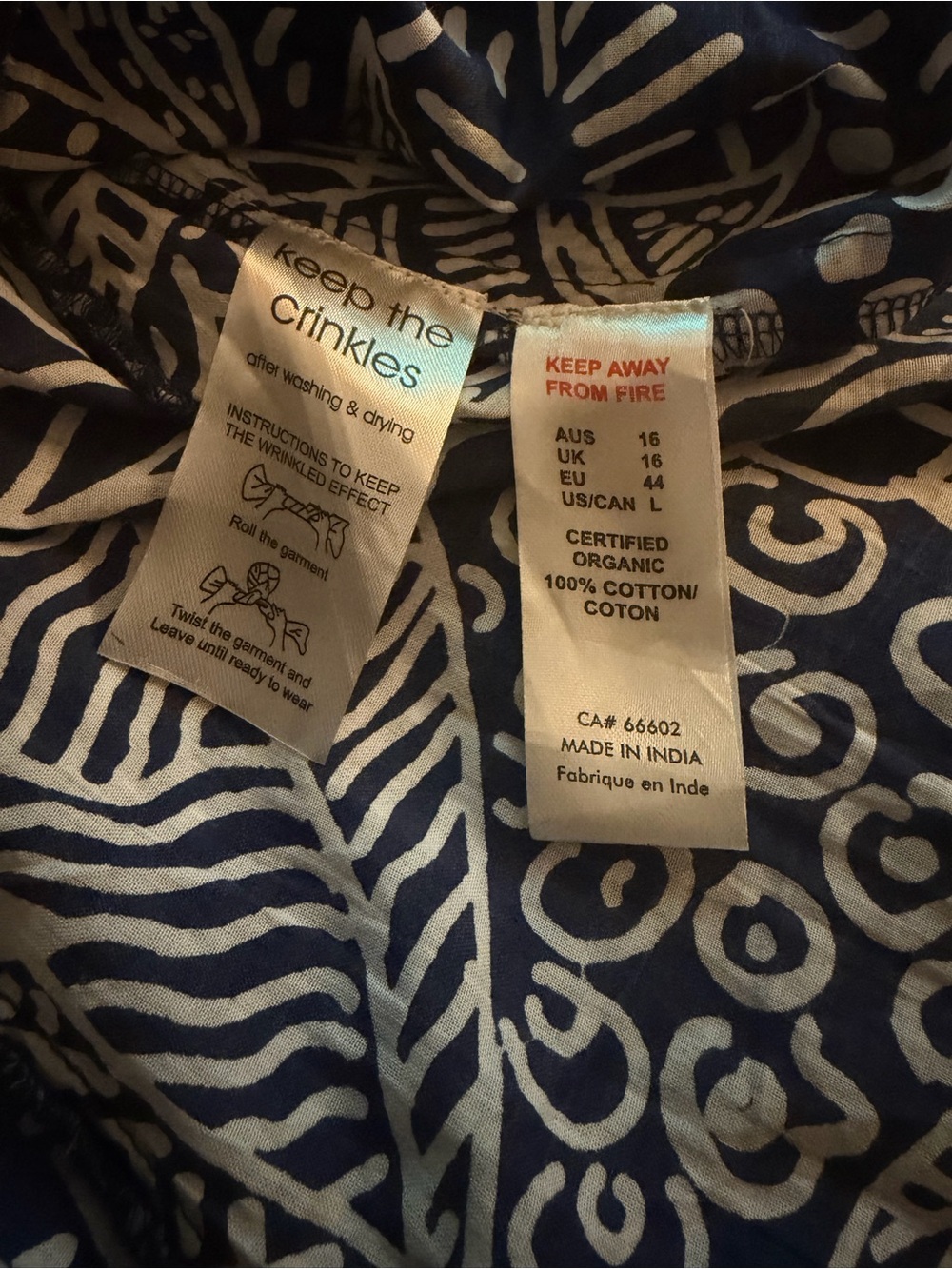 Orientique Navy and White Abstract Floral Lightweight Organic Cotton Dress Large - Picture 6 of 6